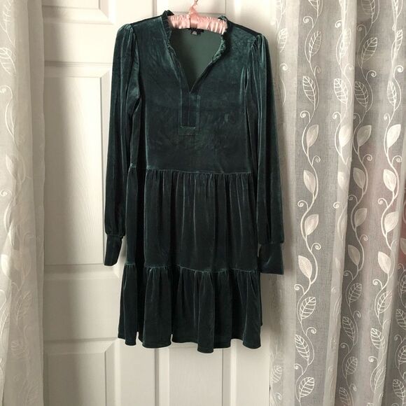 1. State Velour Velvet Emerald Green Long Sleeve Babydoll mini Dress Size XS - Picture 3 of 10